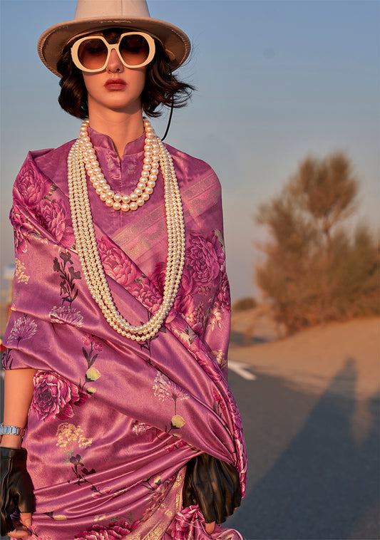 Rose Pink Printed Tussar Silk Zari Woven Classic Saree