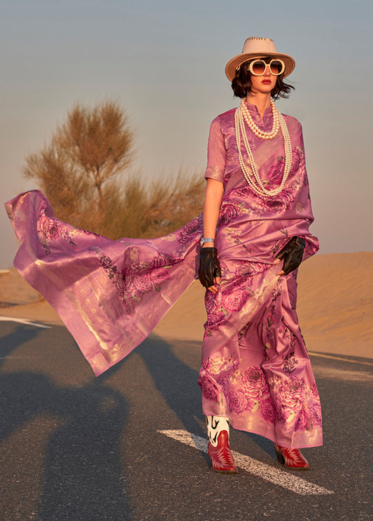 Rose Pink Printed Tussar Silk Zari Woven Classic Saree