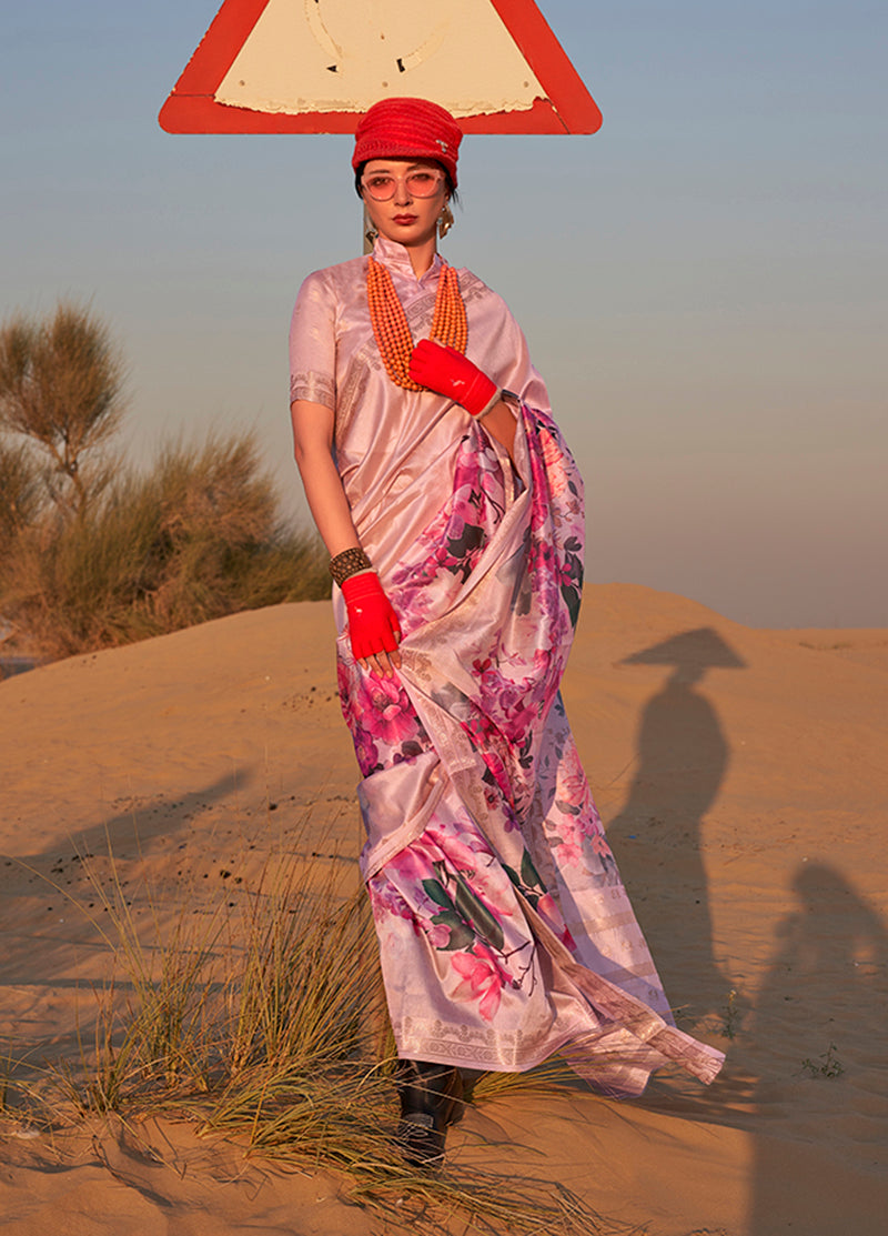 Mauve Printed Tussar Silk Zari Woven Classic Saree