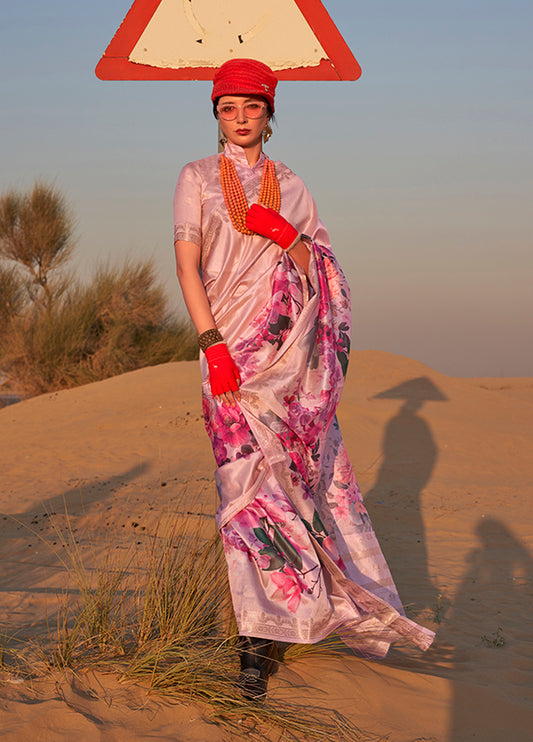 Mauve Printed Tussar Silk Zari Woven Classic Saree