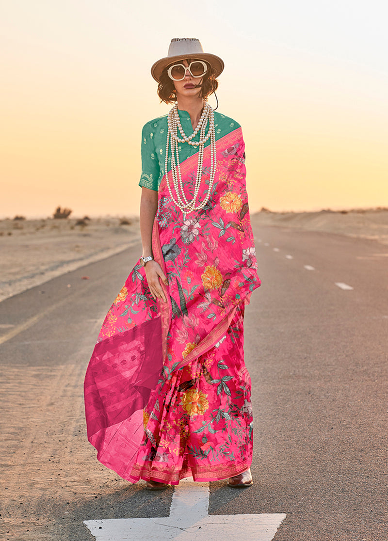 Pink Printed Tussar Silk Zari Woven Classic Saree