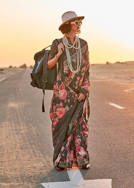 Black Printed Tussar Silk Zari Woven Classic Saree