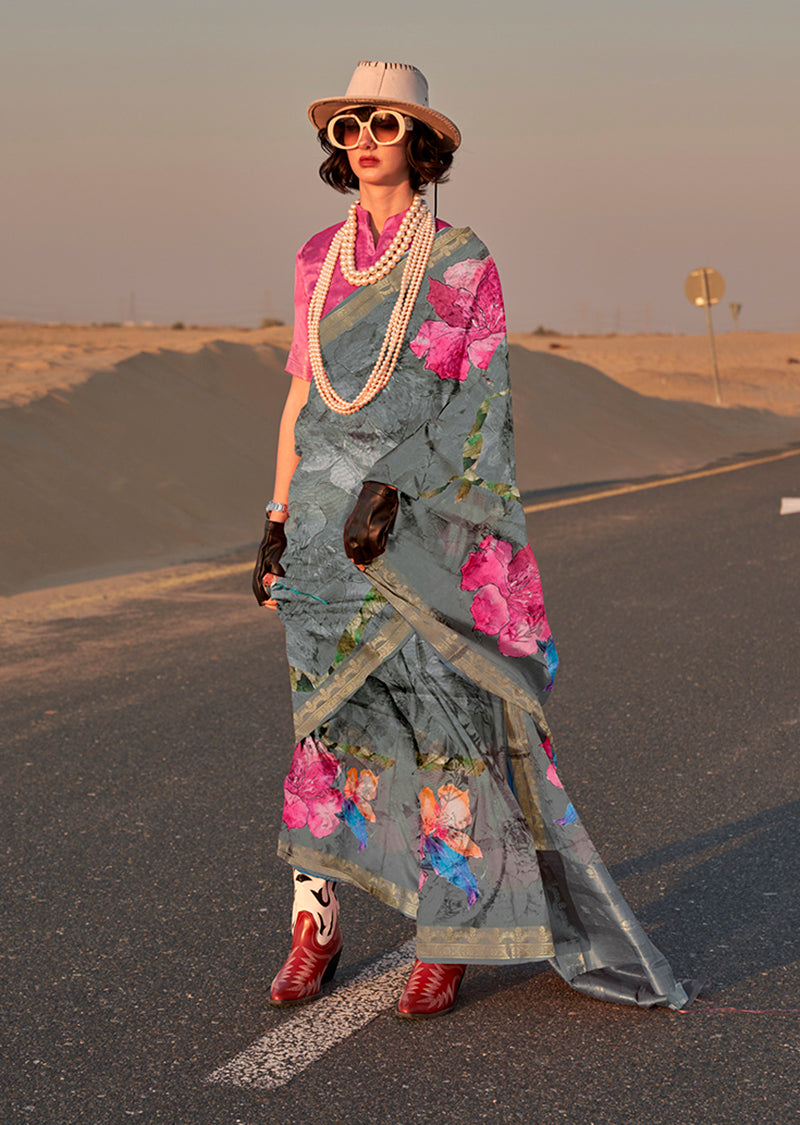 Gray Printed Tussar Silk Zari Woven Classic Saree