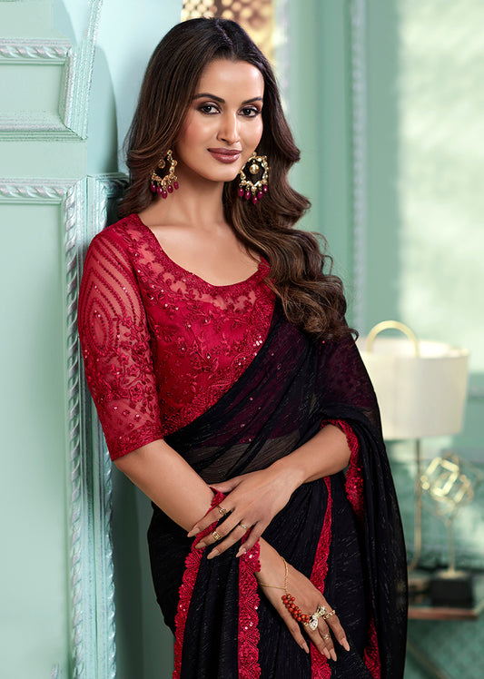 Black Chiffon Sequins Embellished Scalloped Border Saree