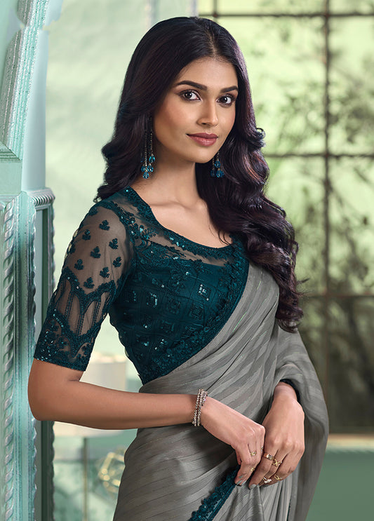 Grey Georgette Sequins Embroidered Border Saree