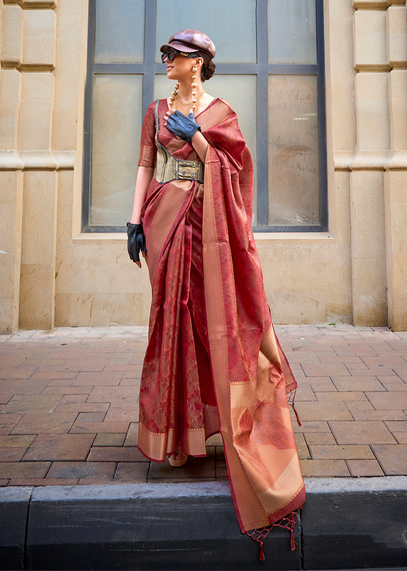 Rust Classy Organza Silk Saree with Woven Zari for Celebrations
