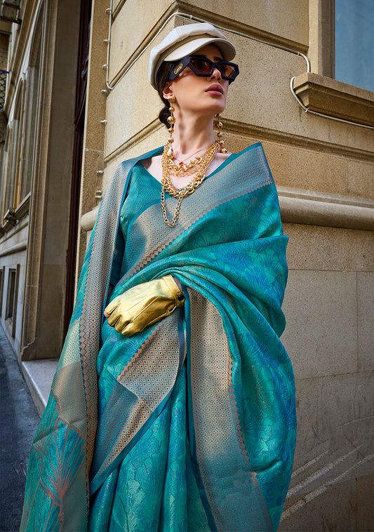 Blue Classy Organza Silk Saree with Woven Zari for Celebrations
