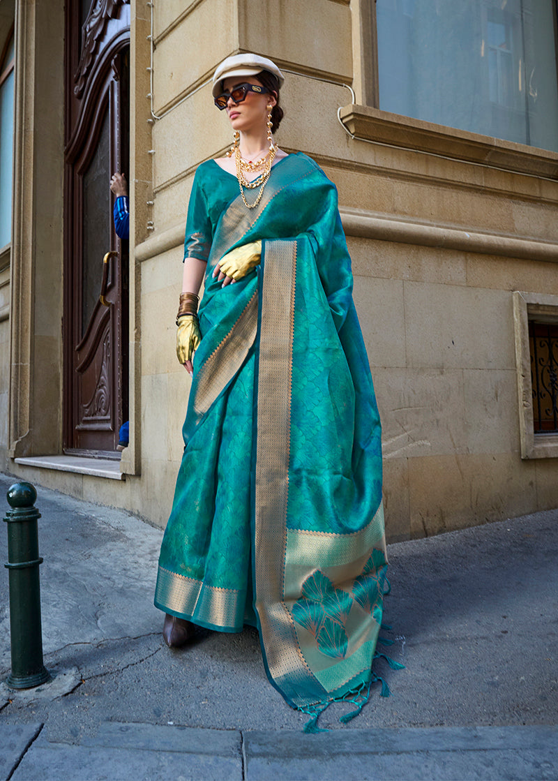 Blue Classy Organza Silk Saree with Woven Zari for Celebrations