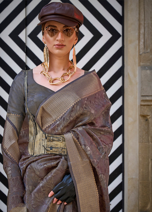 Brown Classy Organza Silk Saree with Woven Zari for Celebrations