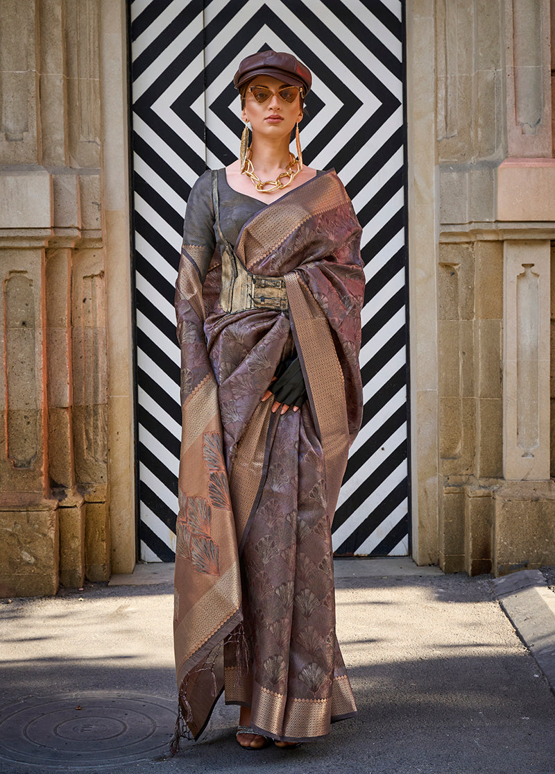 Brown Classy Organza Silk Saree with Woven Zari for Celebrations