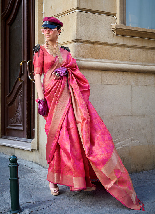 Pink Classy Organza Silk Saree with Woven Zari for Celebrations