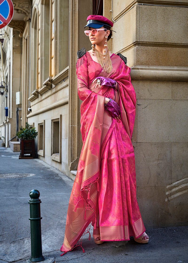 Pink Classy Organza Silk Saree with Woven Zari for Celebrations