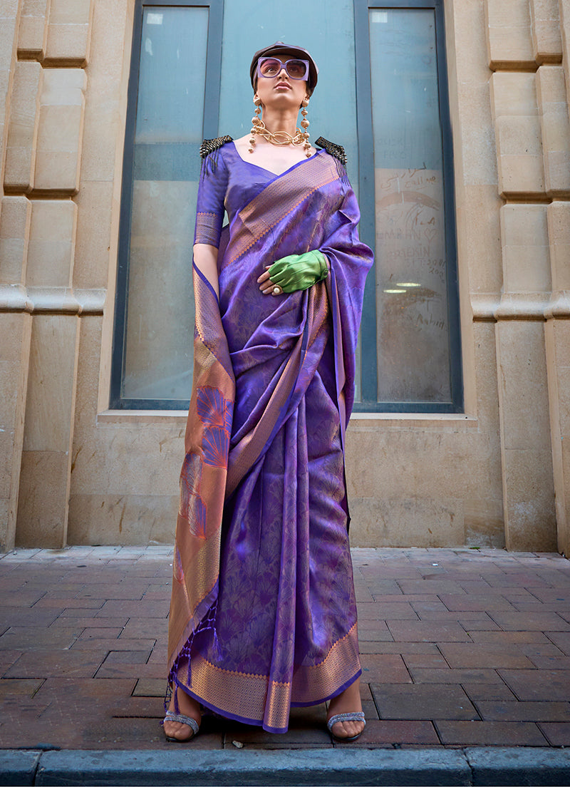 Voilet Classy Organza Silk Saree with Woven Zari for Celebrations