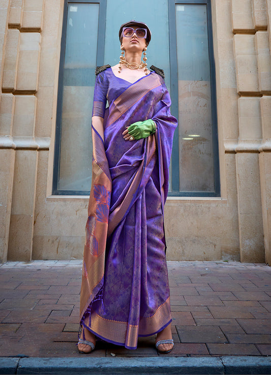 Voilet Classy Organza Silk Saree with Woven Zari for Celebrations