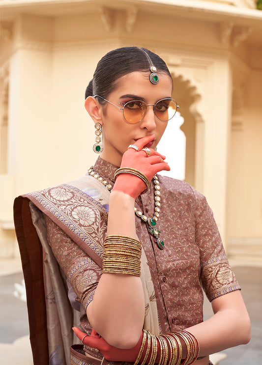 Beige Silk Floral Print Saree