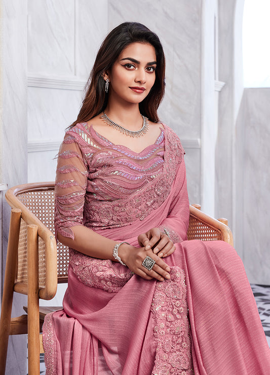 Baby Pink Shimmer Silk Sequin Embellished Designer Saree