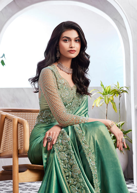 Light Green Shimmer Silk Sequin Embellished Designer Saree
