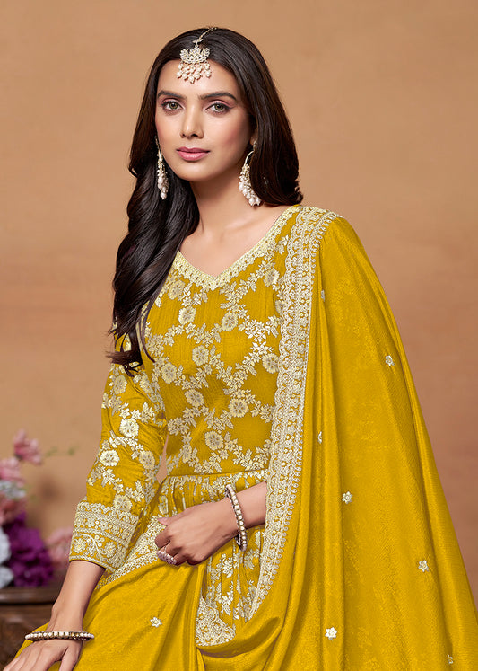Mustard Dola Silk Embroidered Party Wear Suit - Monjolika Fashion