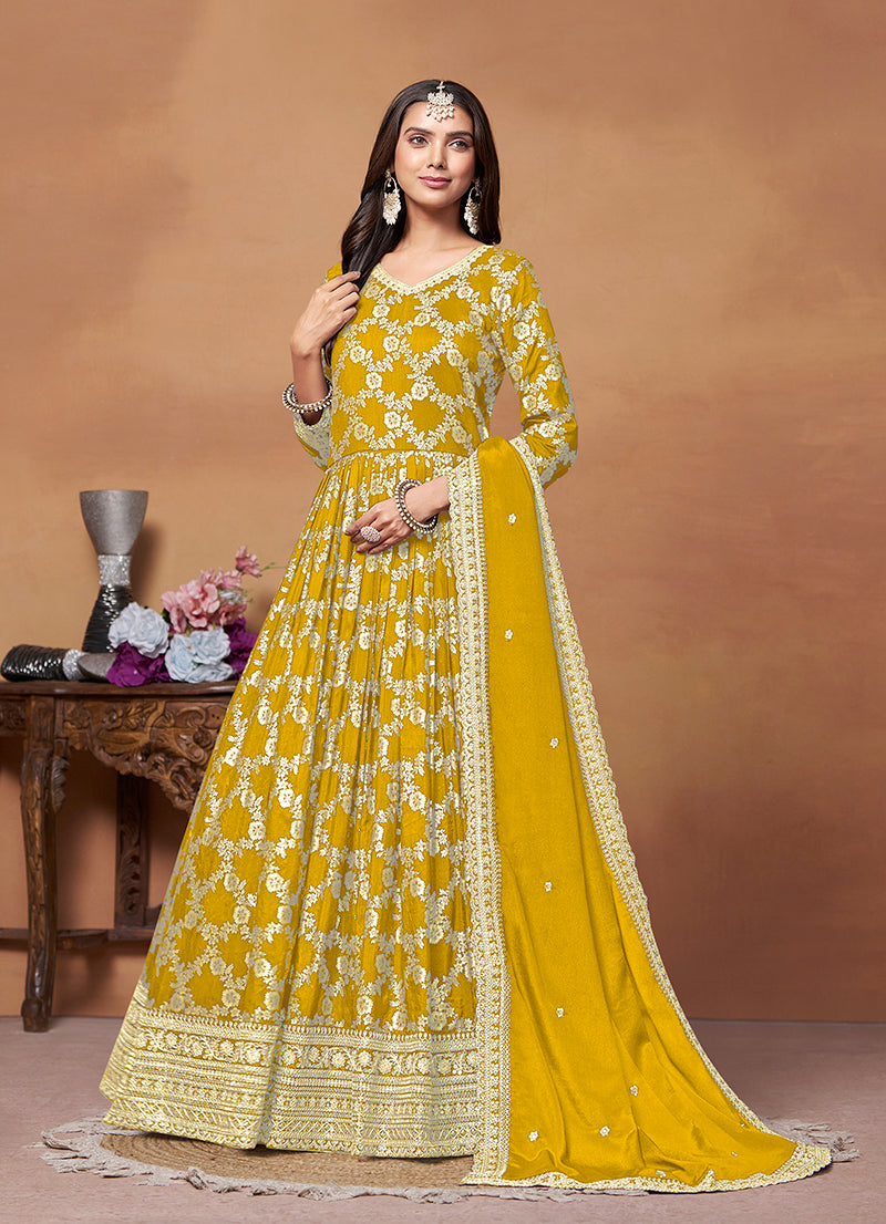 Mustard Dola Silk Embroidered Party Wear Suit