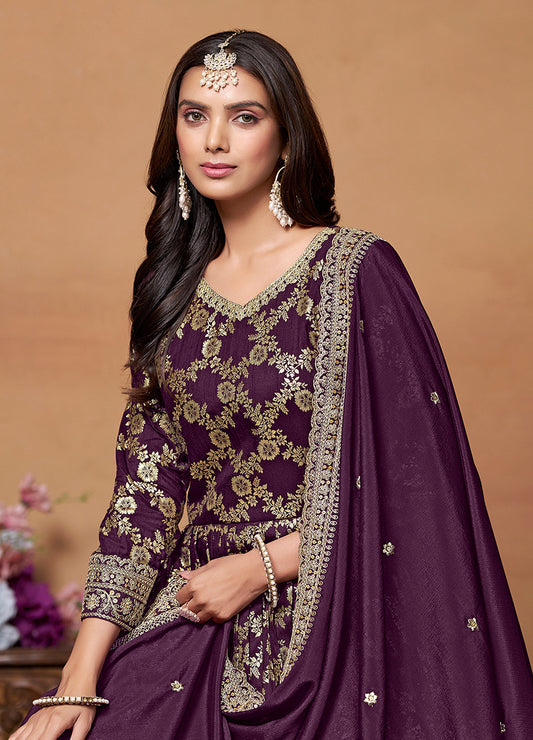 Dark Purple Dola silk Embroidery Designer Suit - Monjolika Fashion