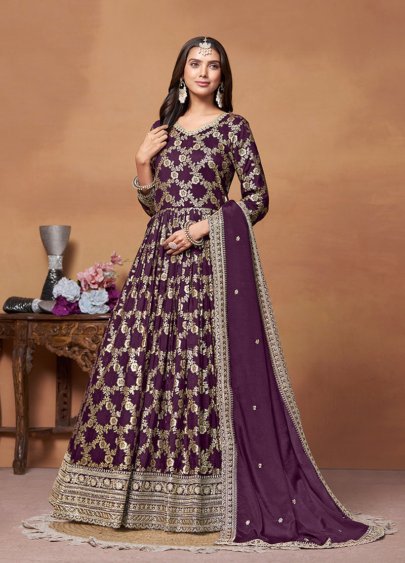 Dark purple Dola silk Embroidery Designer Suit