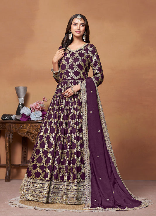 Dark Purple Dola silk Embroidery Designer Suit - Monjolika Fashion