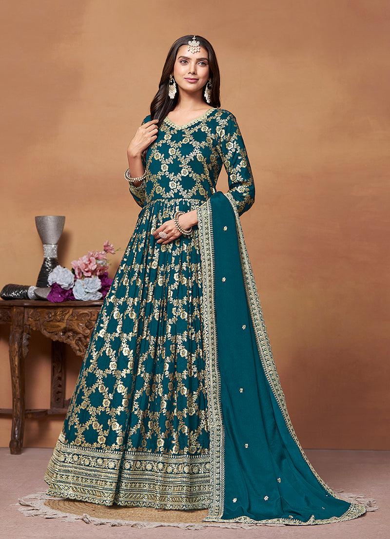 Teal Dola Silk Embroidered narkali Suit