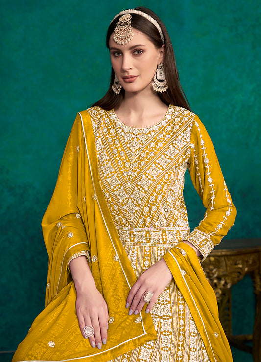 Yellow Faux Georgette Lakhanavi Work Anarkali Salwar Kameez