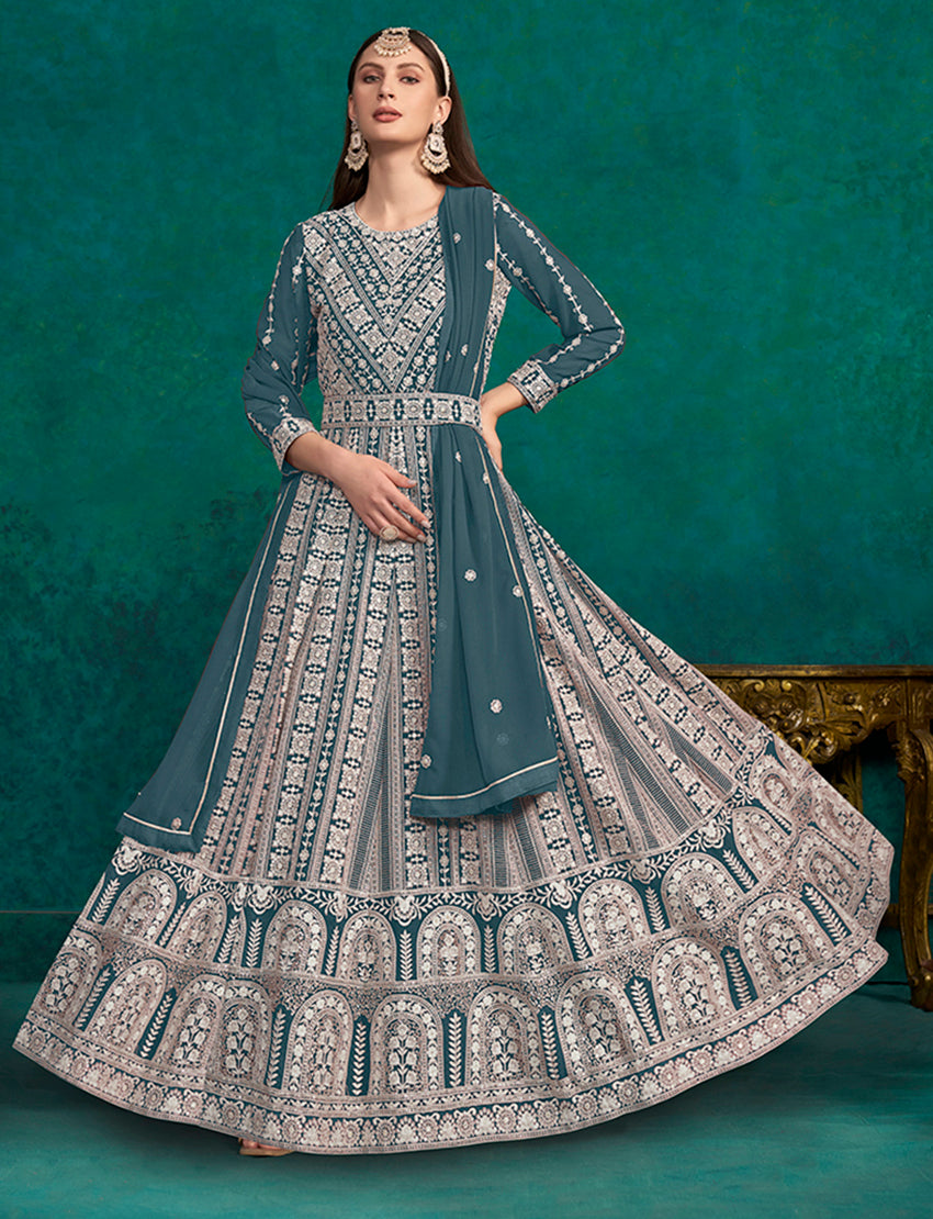 Dark Teal Faux Georgette Lakhanavi Anarkali Salwar Kameez