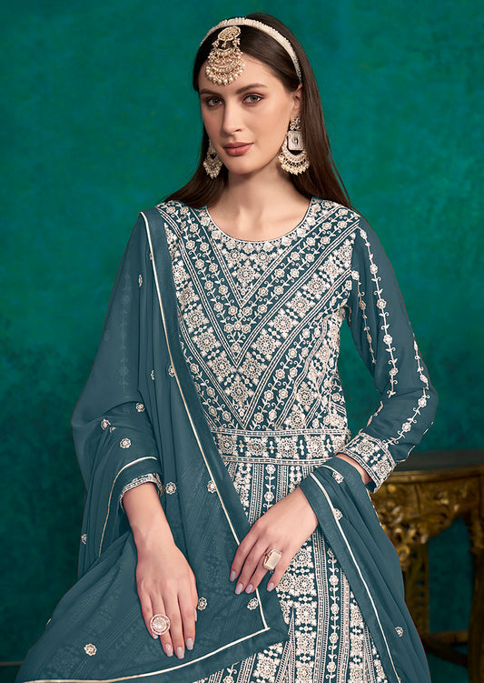 Dark Teal Faux Georgette Lakhanavi Anarkali Salwar Kameez - Monjolika Fashion