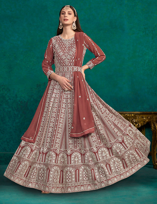 Dark Rust Faux Georgette Lakhanavi Anarkali Salwar Kameez - Monjolika Fashion