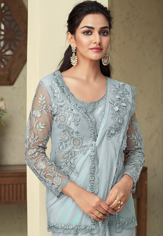 Light Grey Shimmer Silk Embroidery Sequin Work saree