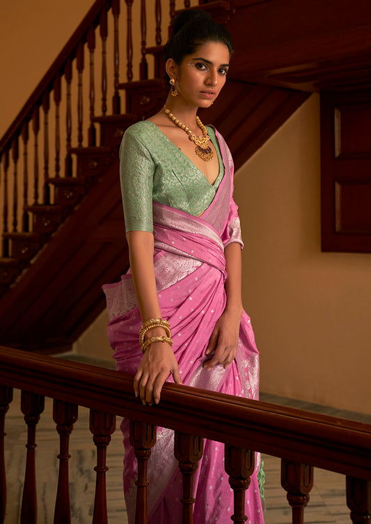 Elegant Pink Silk Saree with Gold Zari Weaving
