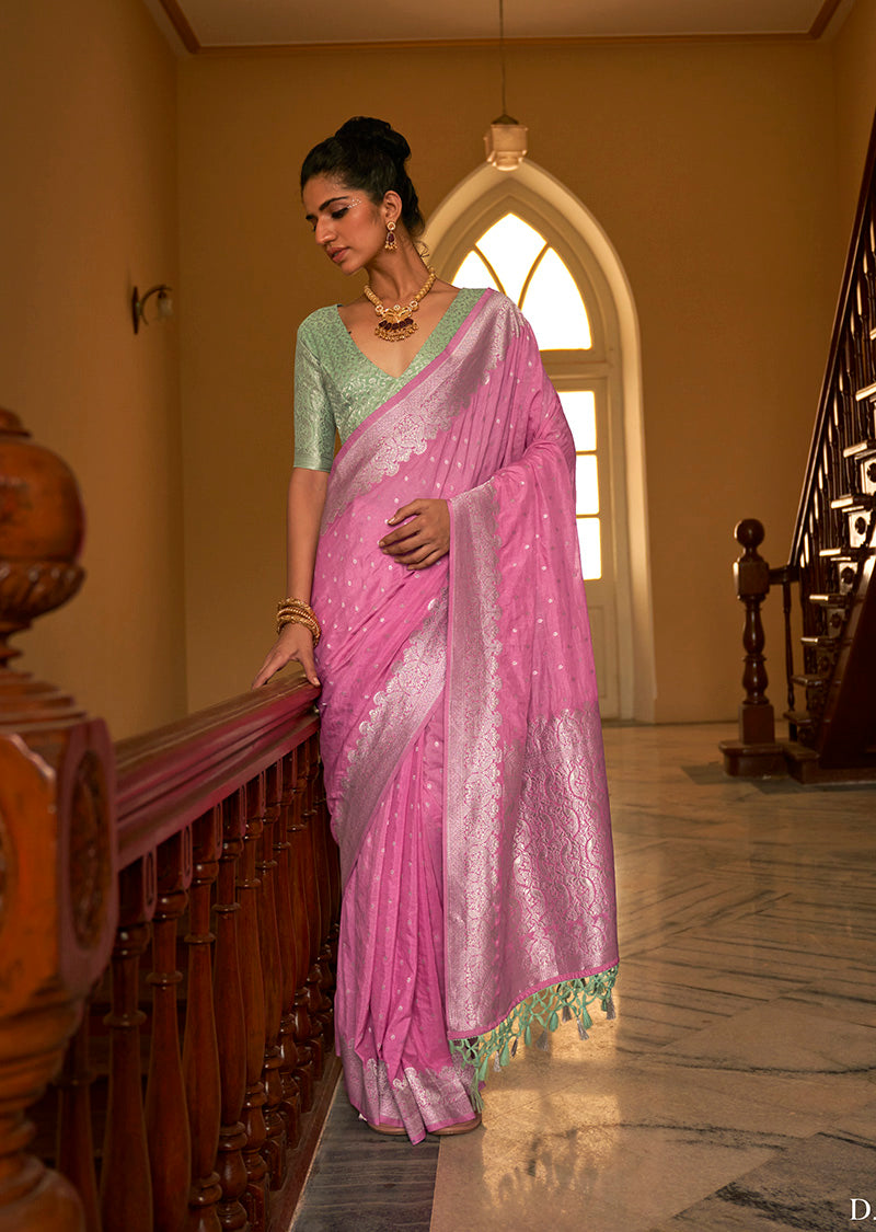 Elegant Pink Silk Saree with Gold Zari Weaving