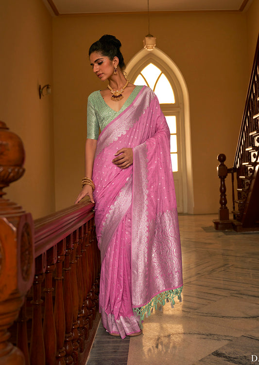 Elegant Pink Silk Saree with Gold Zari Weaving