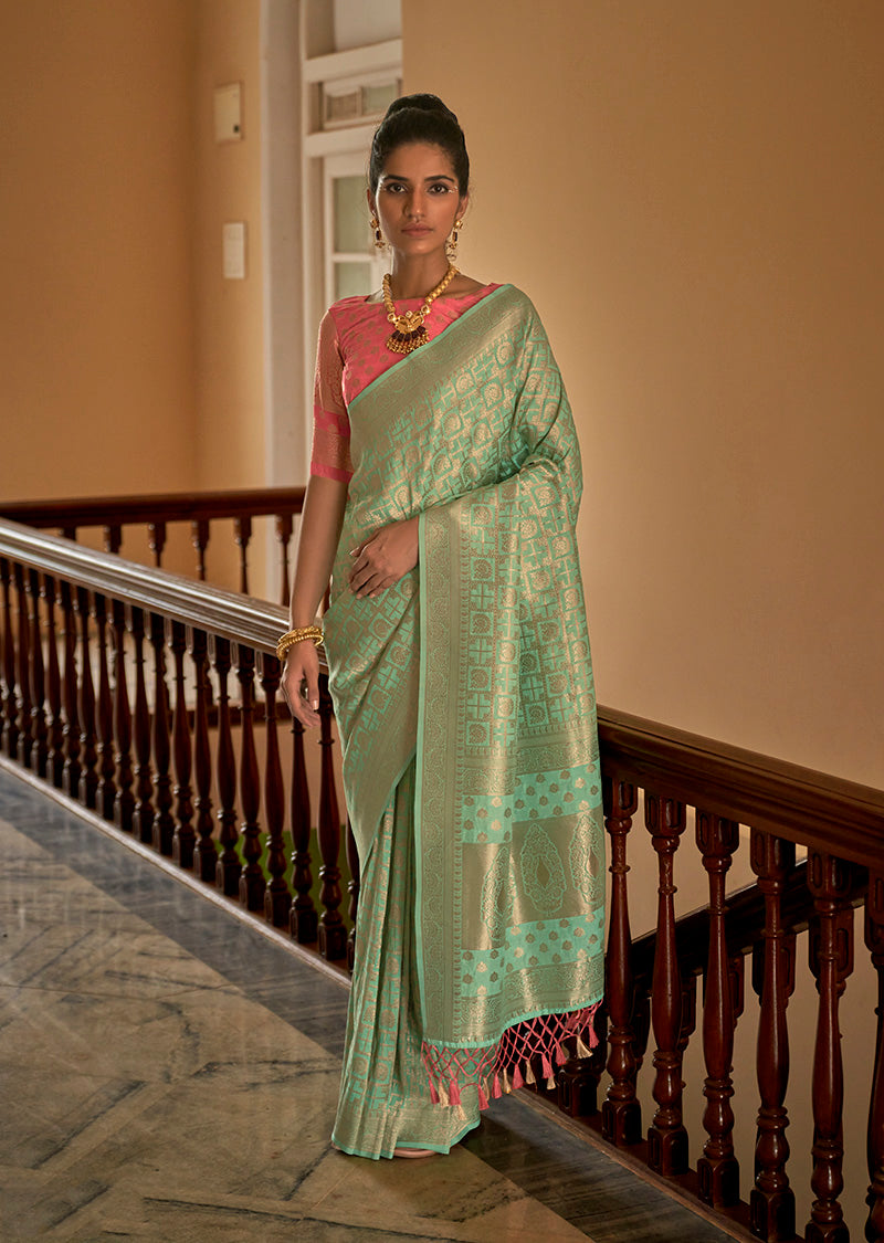 Elegant Light Green Silk Saree with Gold Zari Weaving