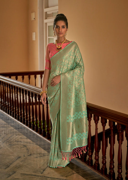 Elegant Light Green Silk Saree with Gold Zari Weaving