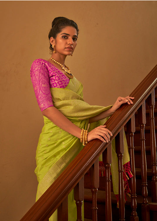 Elegant Lime Silk Saree with Gold Zari Weaving