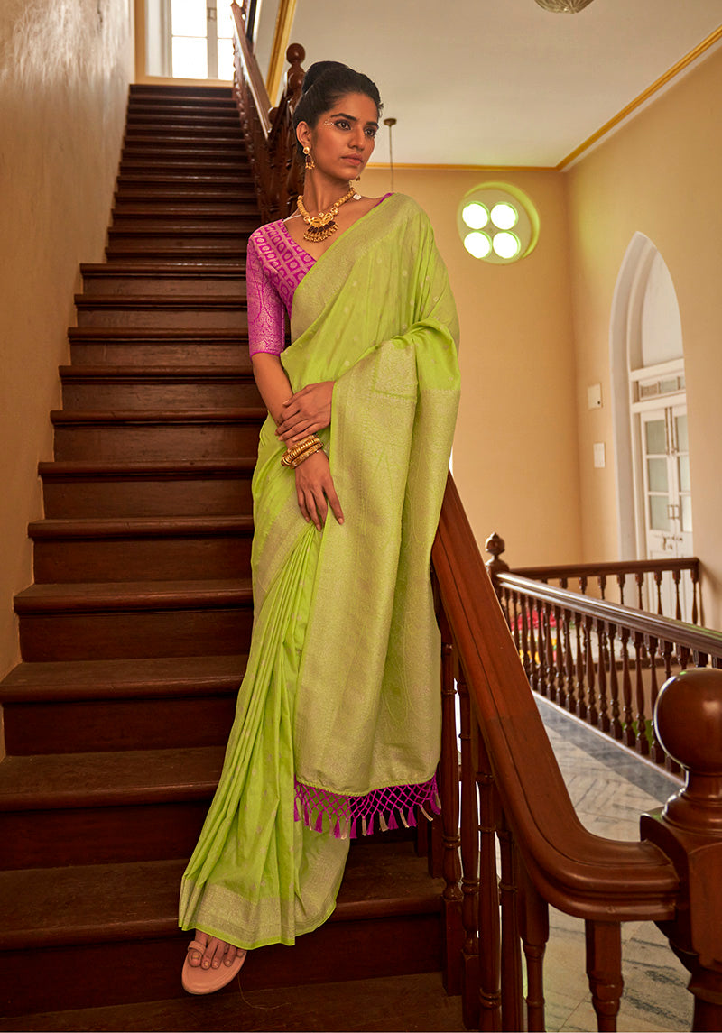 Elegant Lime Silk Saree with Gold Zari Weaving