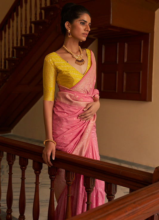 Elegant Salmon Silk Saree with Gold Zari Weaving