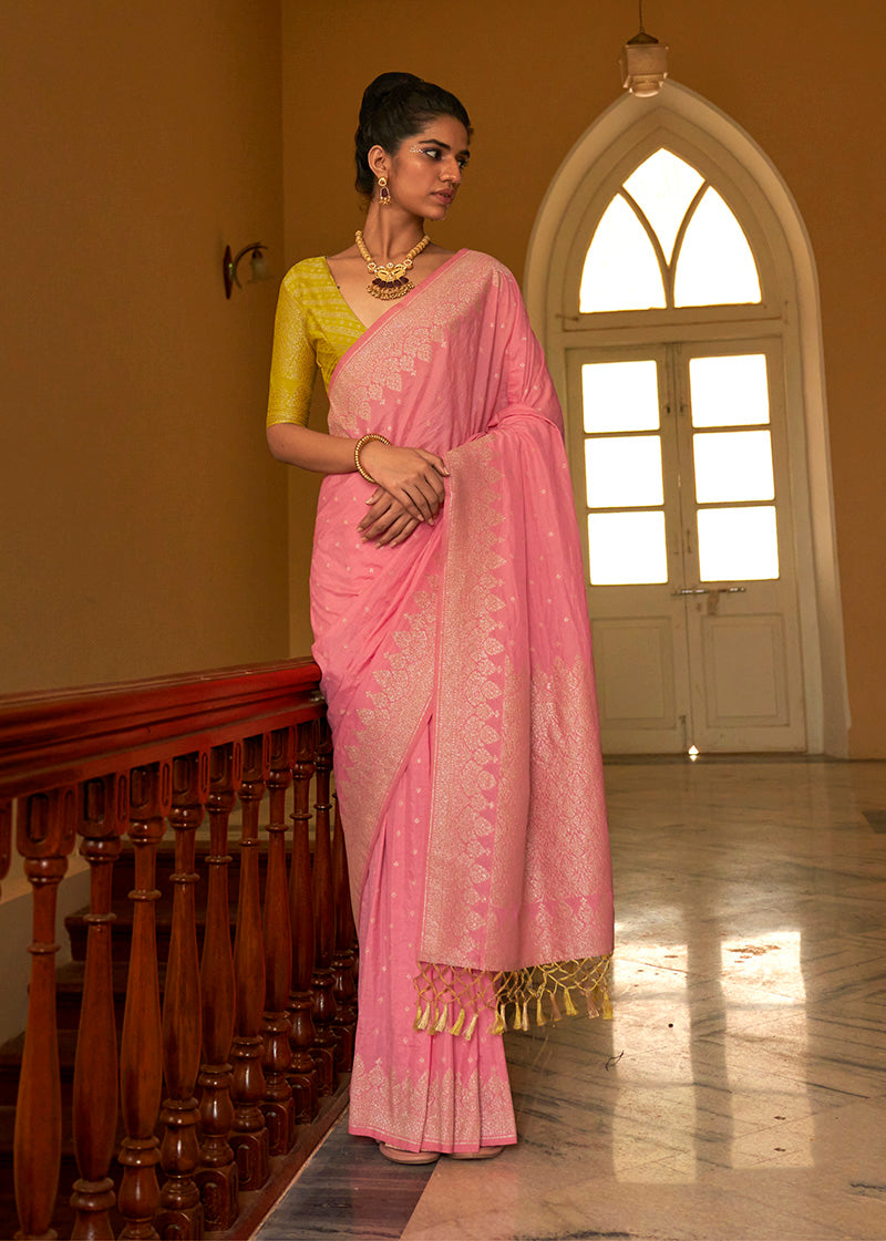 Elegant Salmon Silk Saree with Gold Zari Weaving