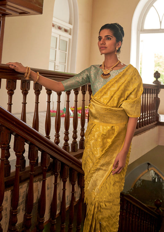 Elegant Yellow Silk Saree with Gold Zari Weaving