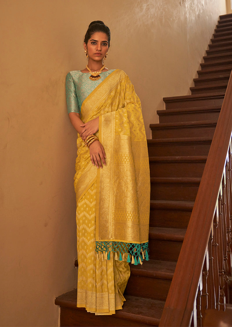 Elegant Yellow Silk Saree with Gold Zari Weaving