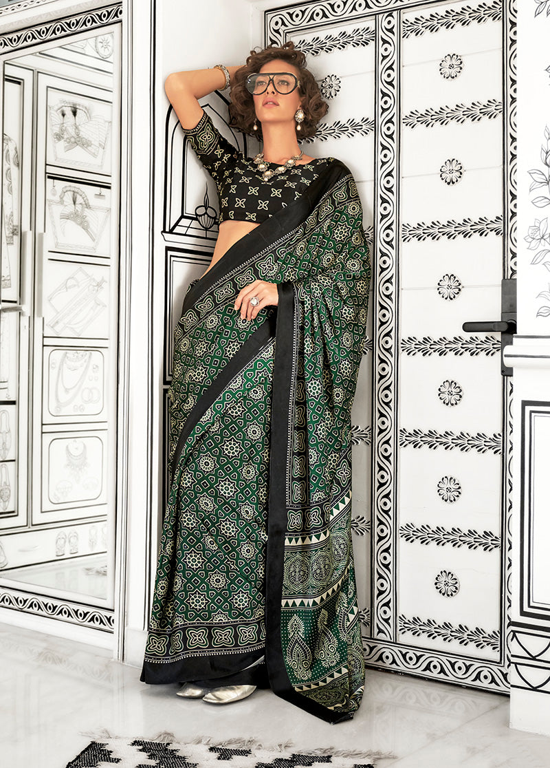 Green Ajrakh Printed Satin Crepe Saree for Modern Divas