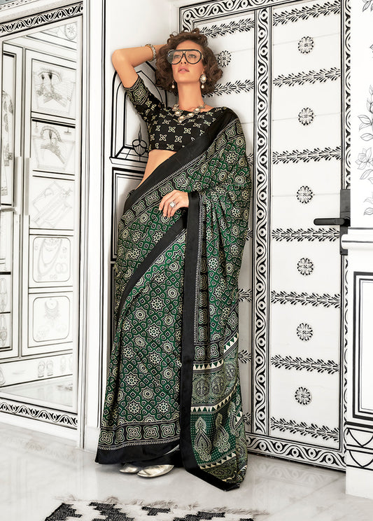 Green Ajrakh Printed Satin Crepe Saree for Modern Divas