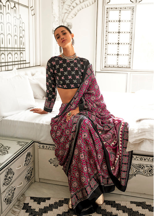 Maroon Ajrakh Printed Satin Crepe Saree for Modern Divas