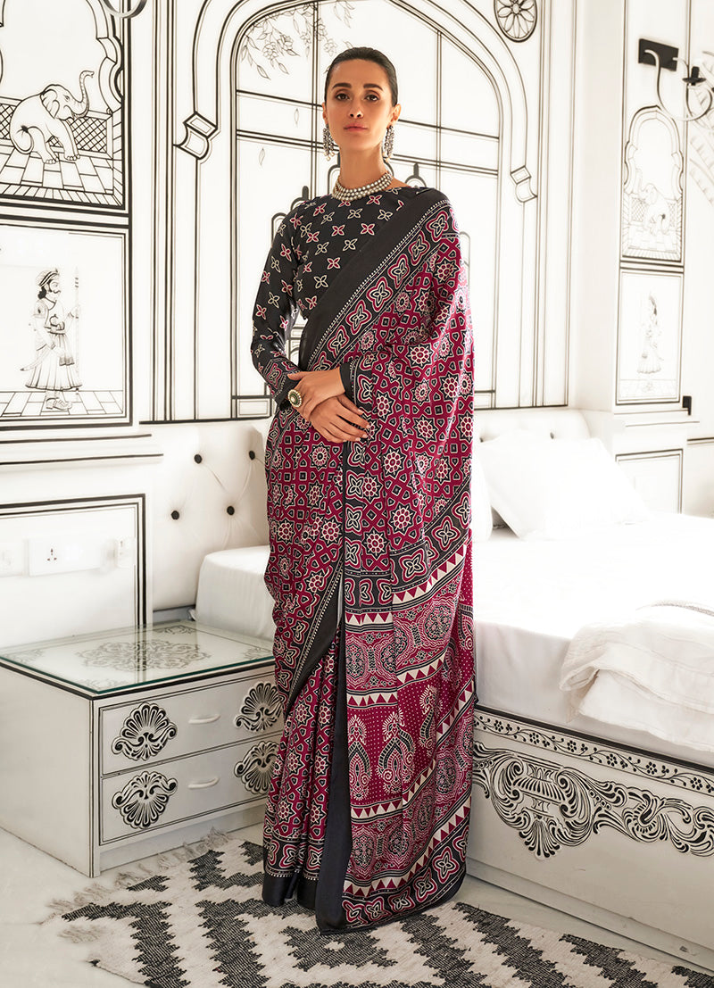 Maroon Ajrakh Printed Satin Crepe Saree for Modern Divas