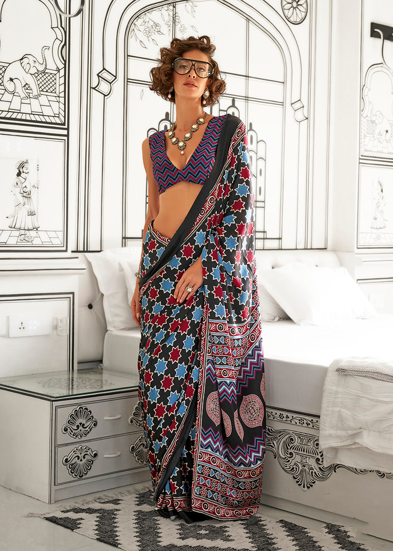 Multi Ajrakh Printed Satin Crepe Saree for Modern Divas