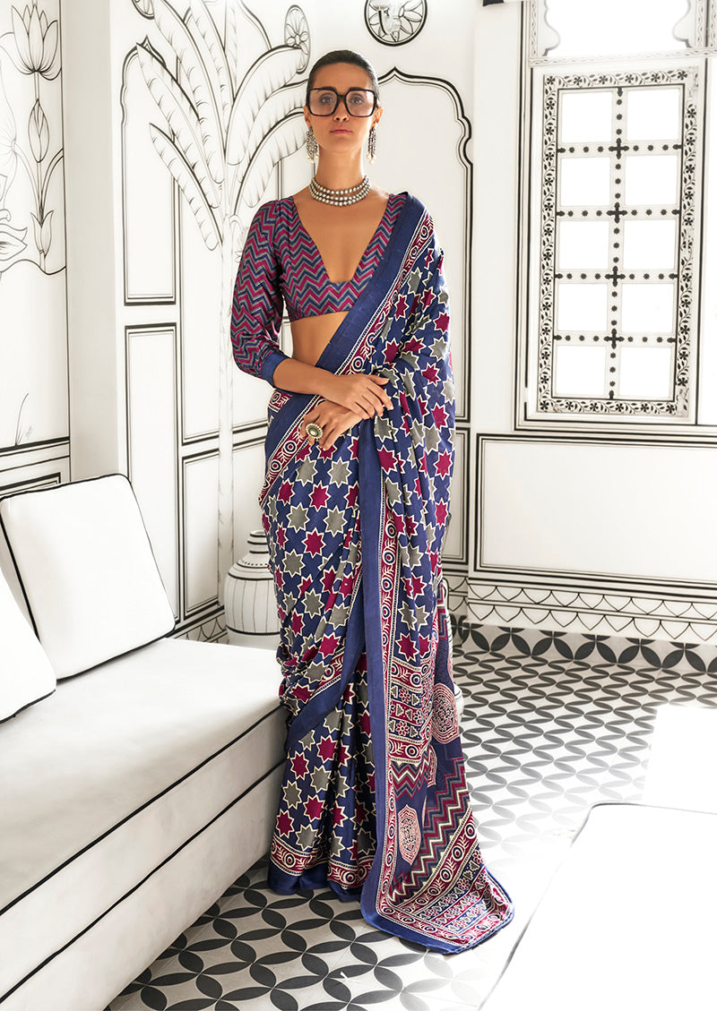 Navy Blue Ajrakh Printed Satin Crepe Saree for Modern Divas