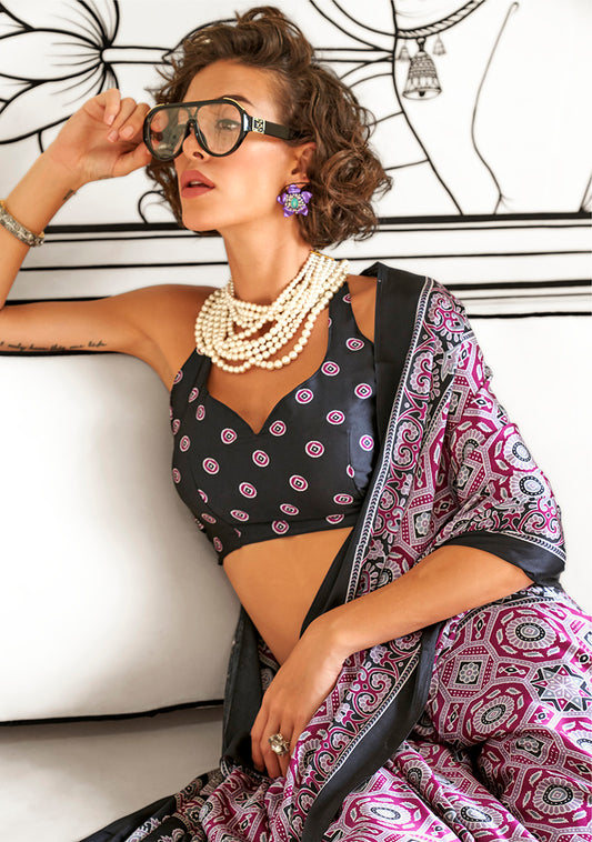 Wine Ajrakh Printed Satin Crepe Saree for Modern Divas